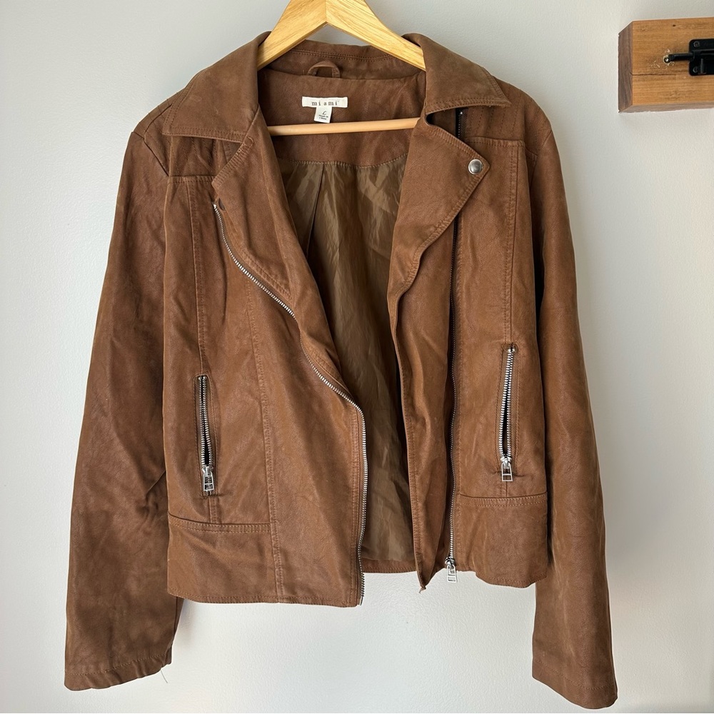 Miami faux suede moto jacket brown silver details